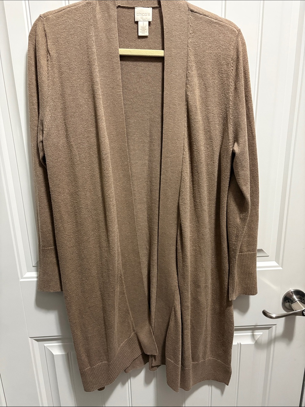 Chico’s Size 1 Long Cardigan Taupe Cotton Silk Blend Open Front